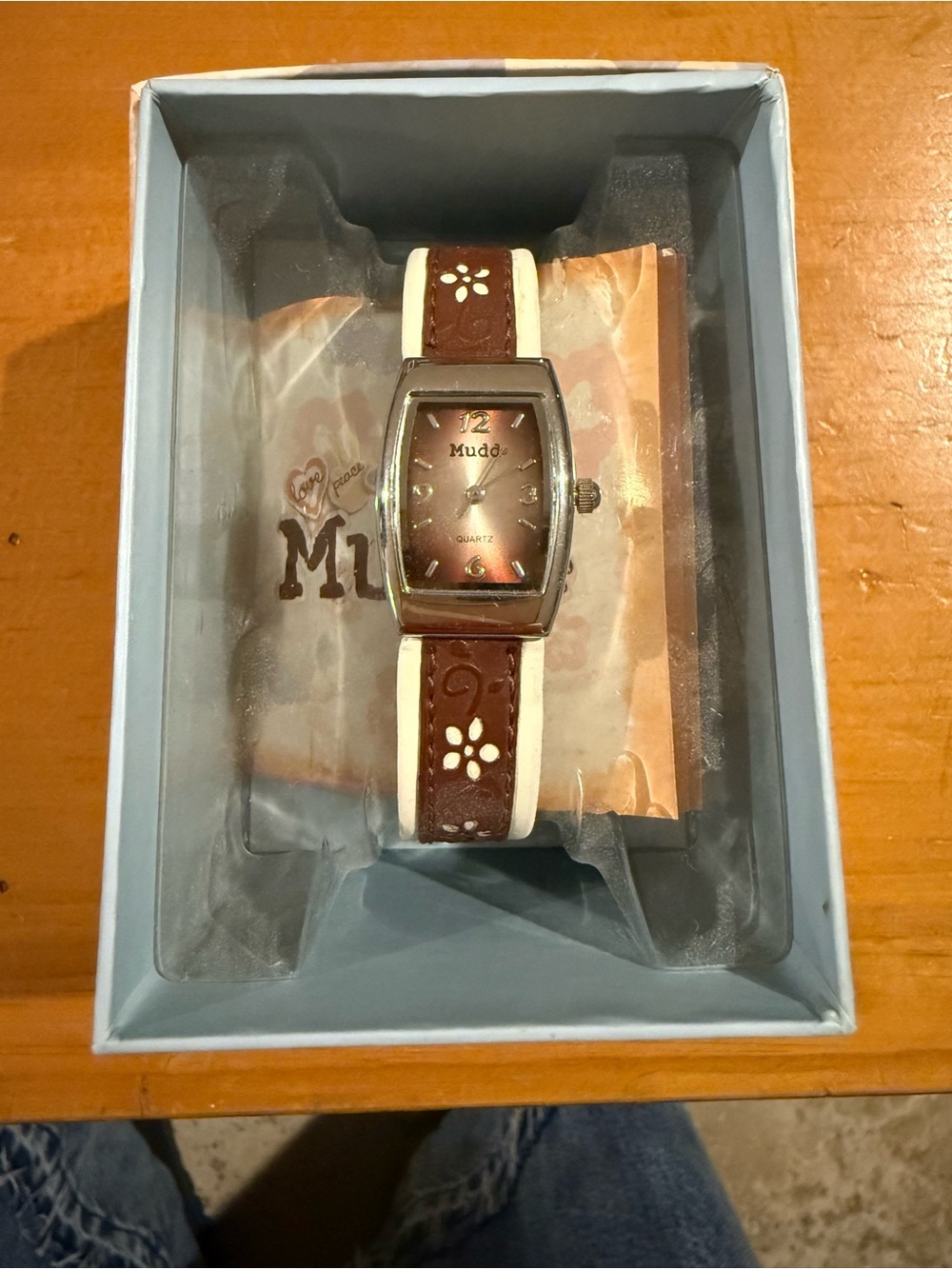 Mudd Floral Accent Brown & Cream Leather Strap Watch